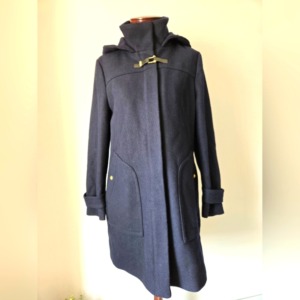 Cole Haan Navy Wool Blend Midi Coat With Hood. Size 10